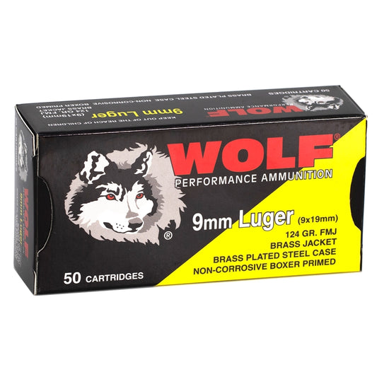 Wolf Performance 9mm Luger Ammo 124 Grain FMJ Brass Plated Steel Case of 1000